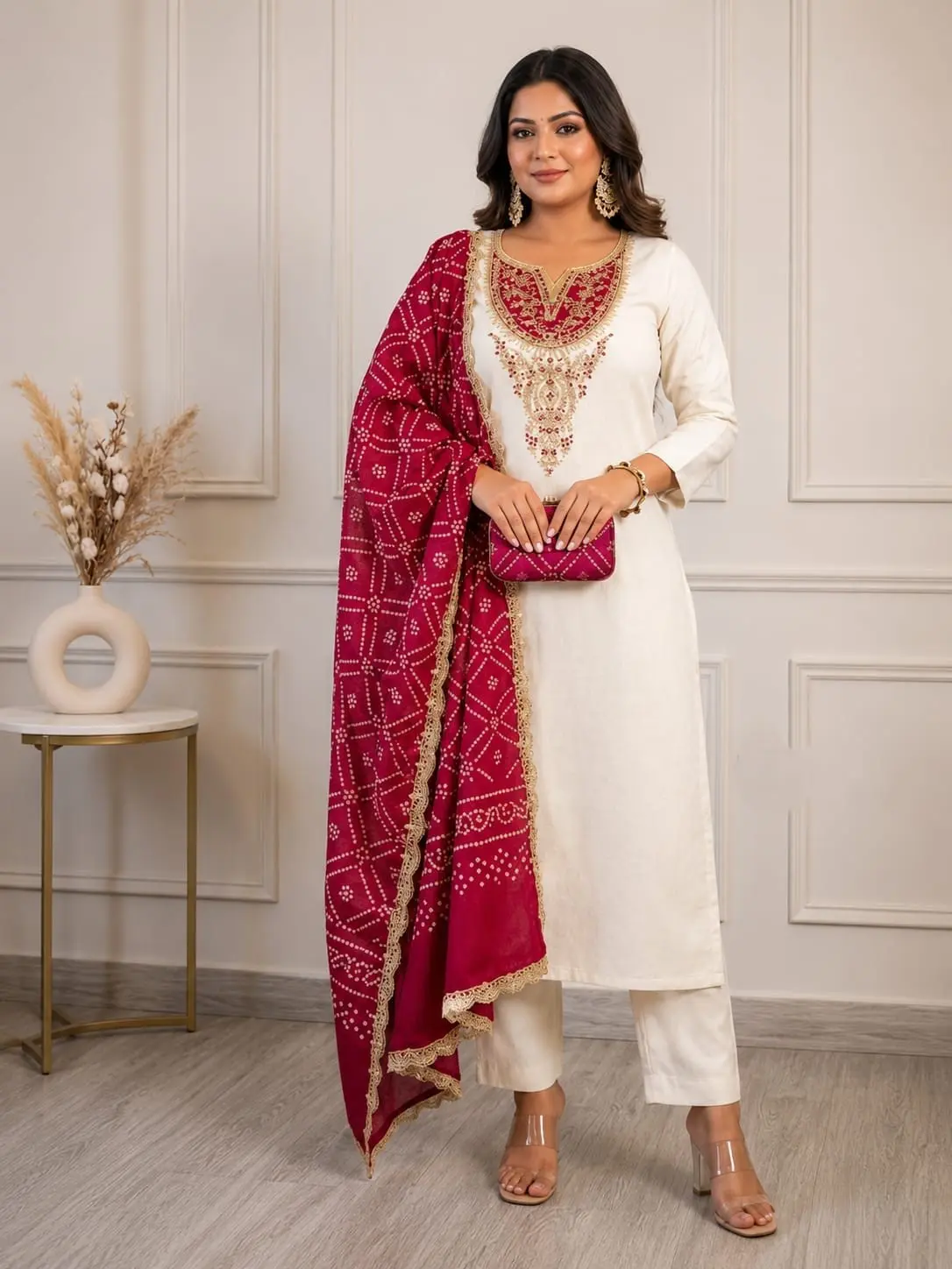 Off-White Embroidered Kurta with Magenta Bandhani Dupatta Set